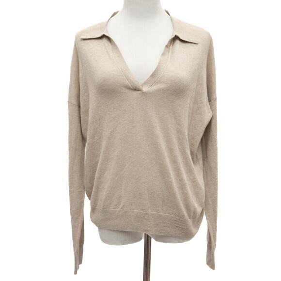 One Grey Day Oatmeal Lightweight Linen Blend V-Neck Sweater Size Medium - Picture 1 of 8